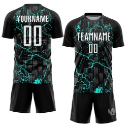 Trikotuniform Weiß-Aqua Benutzerdefinierte Fußballsublimation Schwarzer Blitz