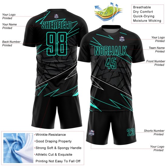 Jersey Uniform Sublimation Aqua Custom Schwarz Fußball Linien Jersey Uniform Sublimation Aqua Custom Schwarz Fußball Linien